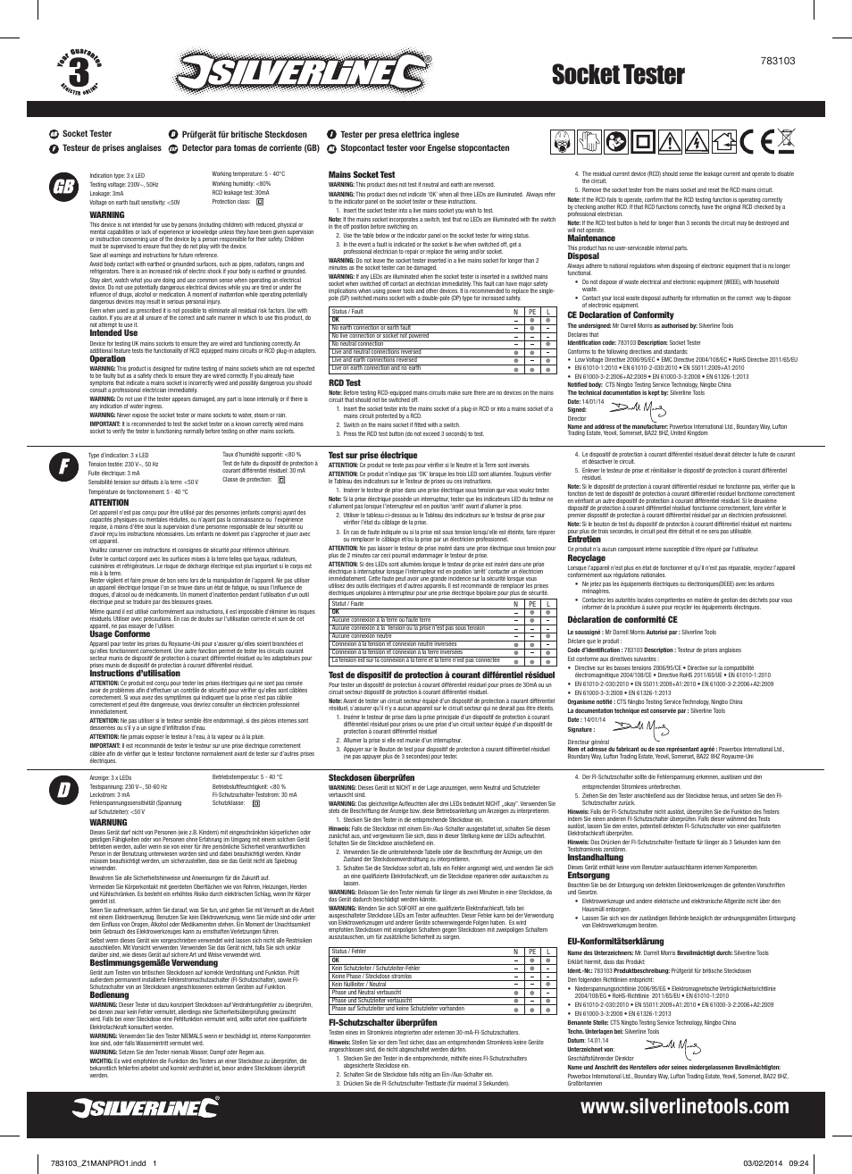 Silverline Socket Tester User Manual | 2 pages