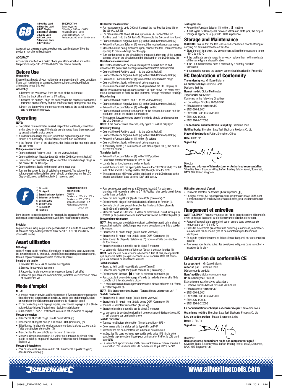 Before use, Operating, Storage and maintenance | Ec declaration of conformity, Avant utilisation, Mode d’emploi, Rangement et entretien, Déclaration de conformité ce | Silverline Digital Multimeter User Manual | Page 2 / 4