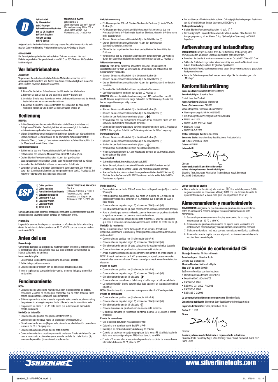 Vor inbetriebnahme, Bedienung, Aufbewahrung und instandhaltung | Konformitätserklärung, Antes del uso, Funcionamiento, Almacenamiento y mantenimiento, Declaración de conformidad ce | Silverline Digital Multimeter User Manual | Page 3 / 4