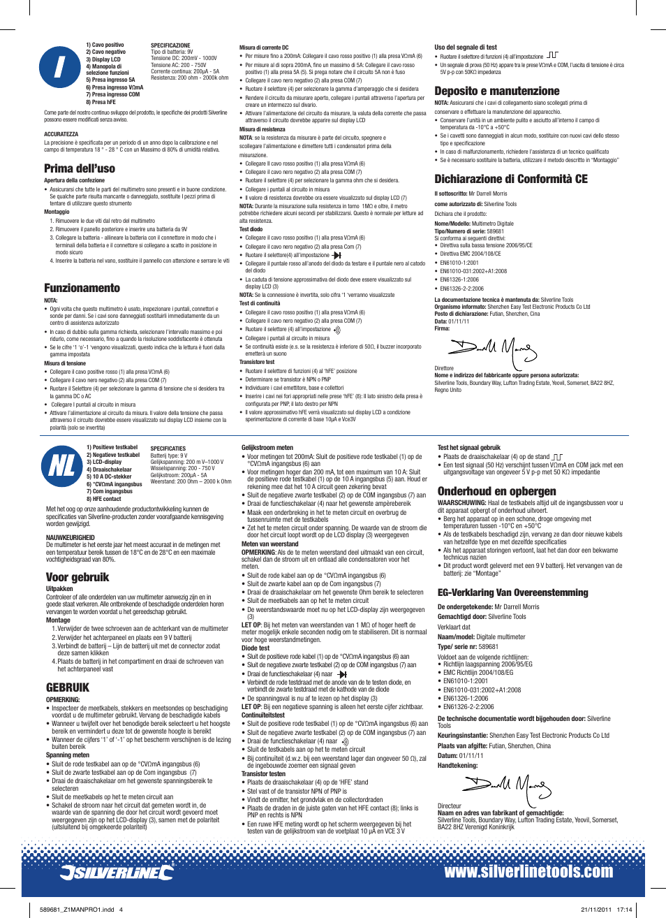 Prima dell’uso, Funzionamento, Deposito e manutenzione | Dichiarazione di conformità ce, Voor gebruik, Gebruik, Onderhoud en opbergen, Eg-verklaring van overeenstemming | Silverline Digital Multimeter User Manual | Page 4 / 4