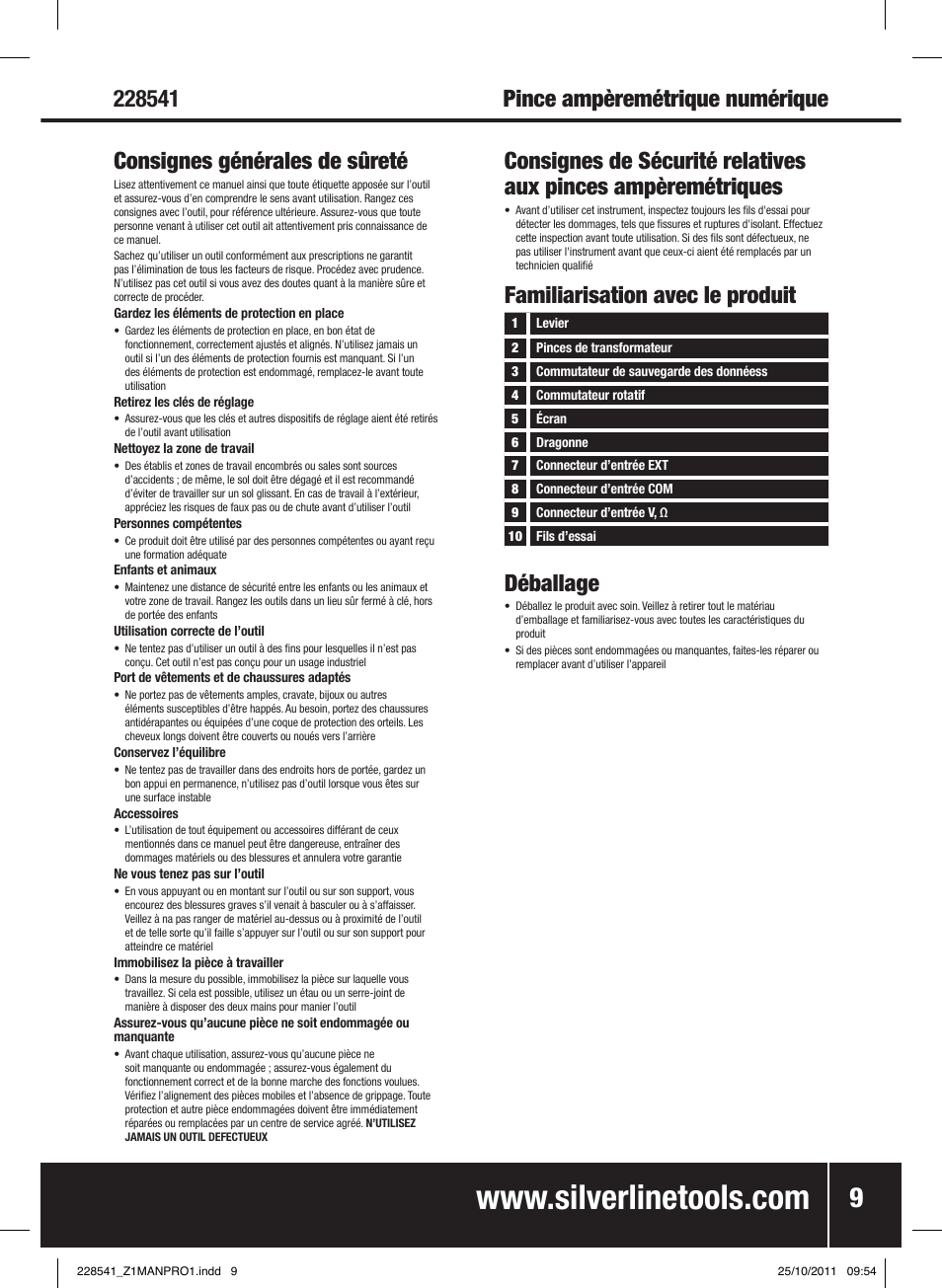 Déballage, Familiarisation avec le produit | Silverline Digital Clamp Meter User Manual | Page 10 / 28