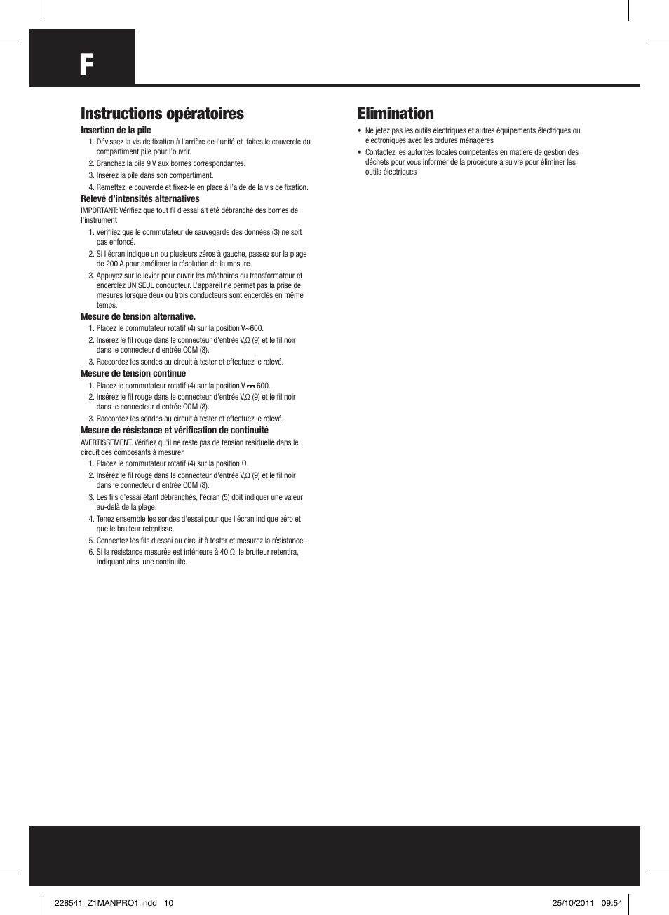 Instructions opératoires, Elimination | Silverline Digital Clamp Meter User Manual | Page 11 / 28