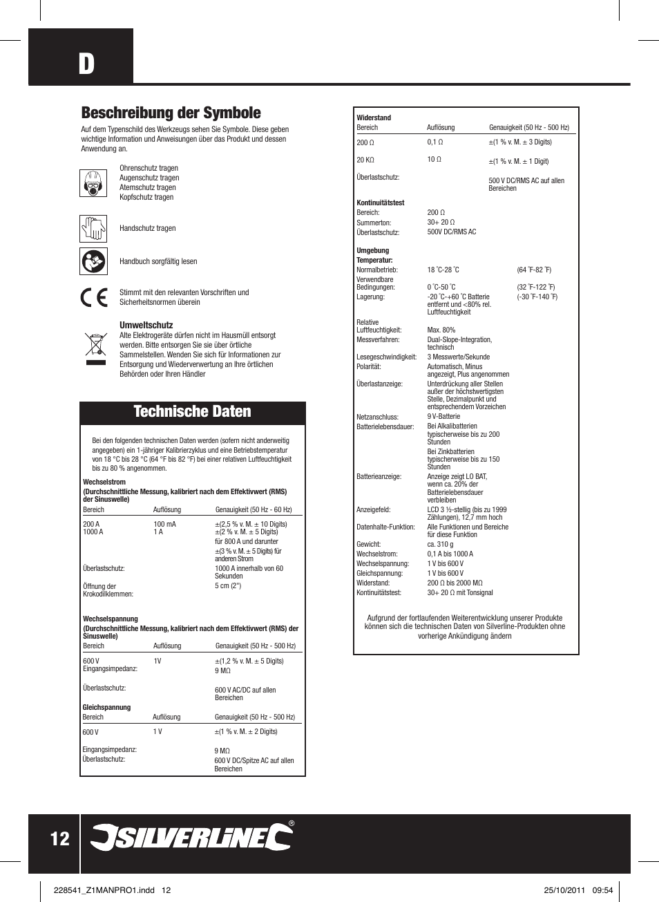 Beschreibung der symbole, Technische daten | Silverline Digital Clamp Meter User Manual | Page 13 / 28