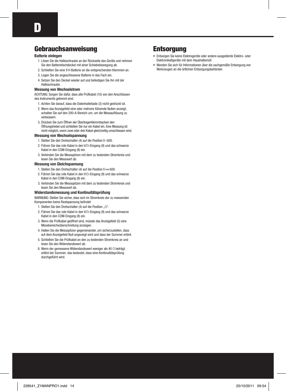 Gebrauchsanweisung, Entsorgung | Silverline Digital Clamp Meter User Manual | Page 15 / 28