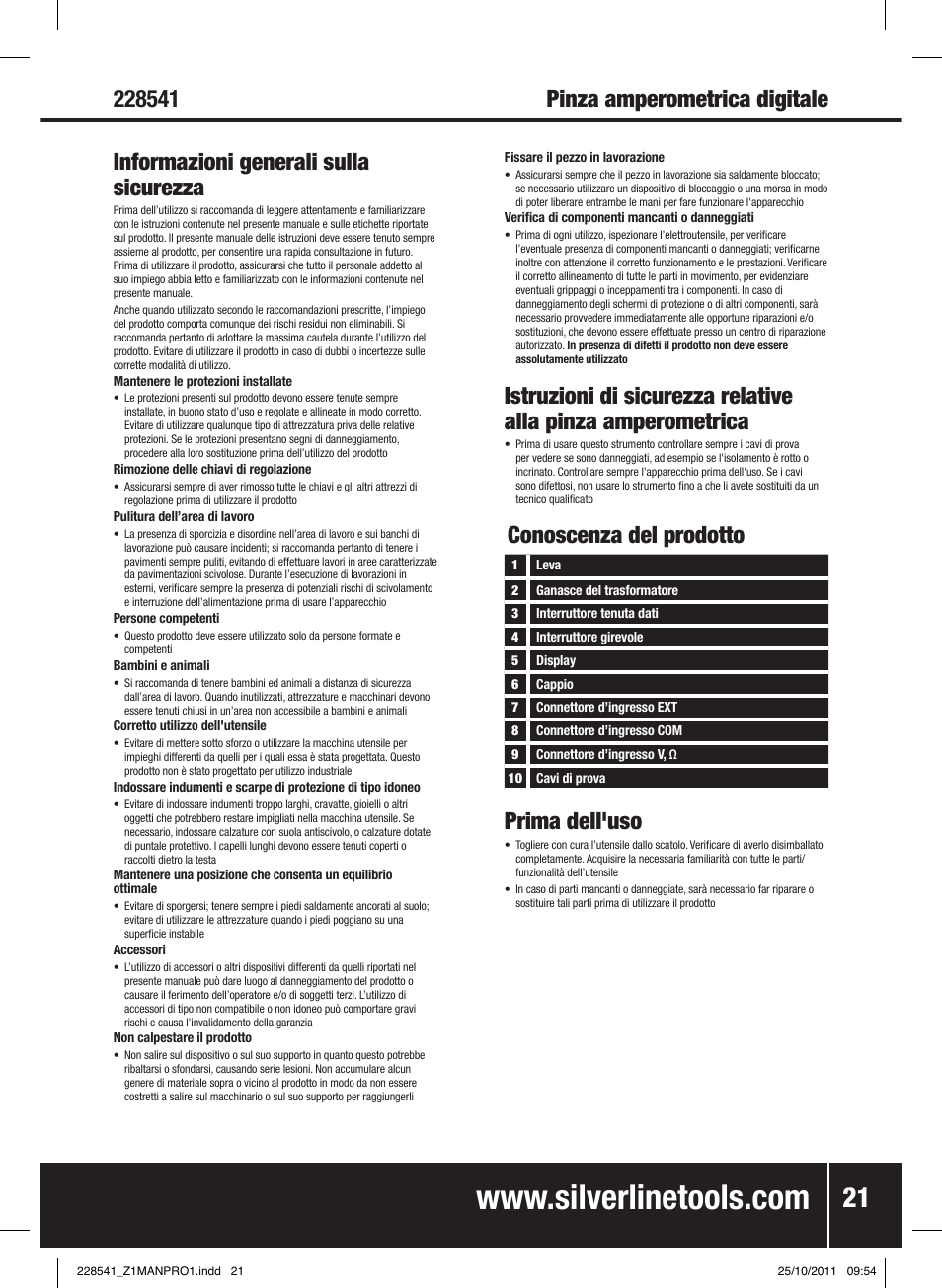 Prima dell'uso, Informazioni generali sulla sicurezza, Conoscenza del prodotto | Silverline Digital Clamp Meter User Manual | Page 22 / 28