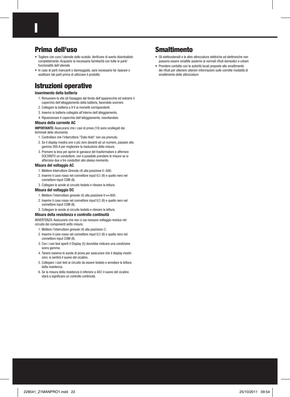 Prima dell'uso, Istruzioni operative, Smaltimento | Silverline Digital Clamp Meter User Manual | Page 23 / 28