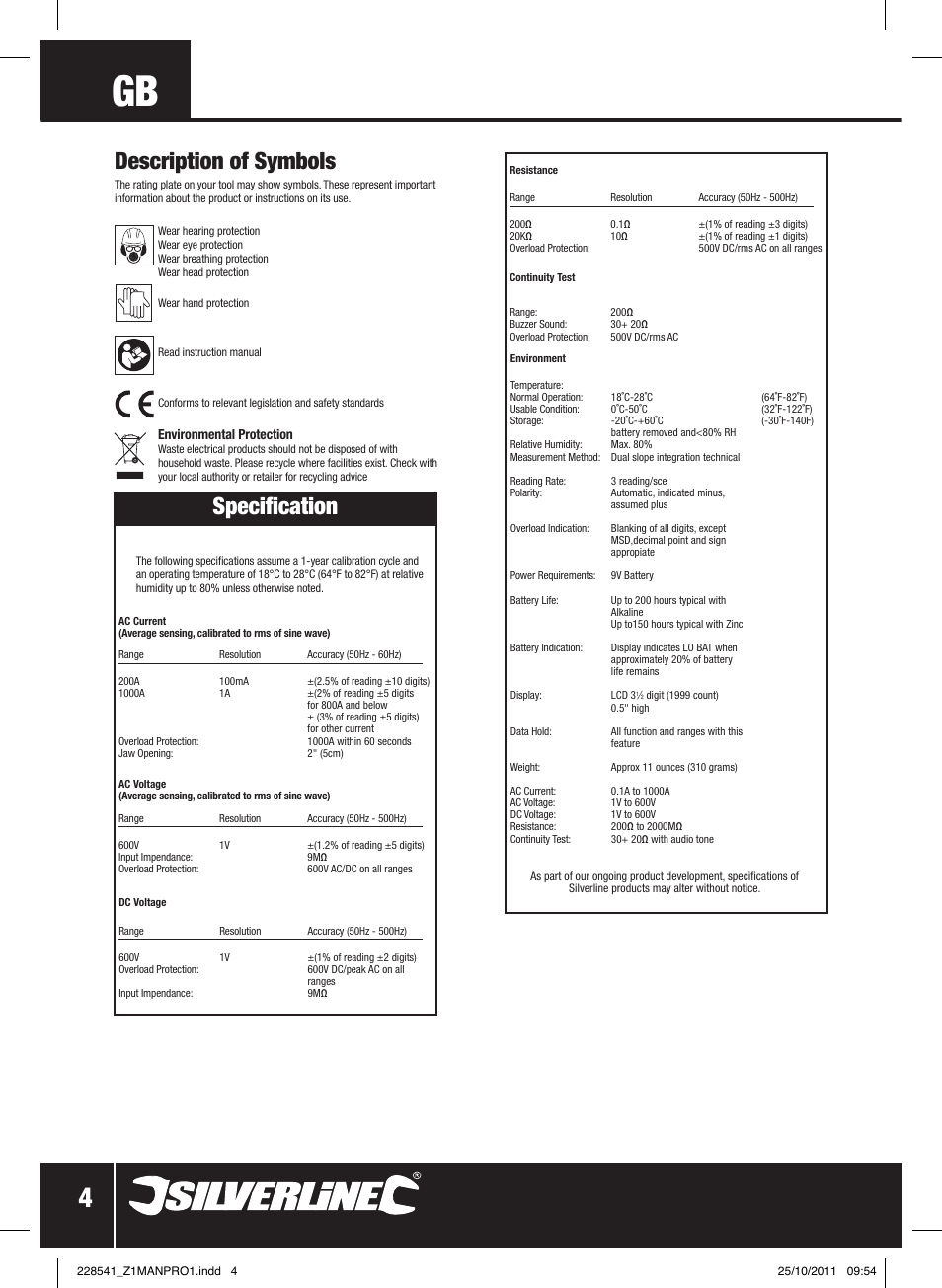 Description of symbols, Specification | Silverline Digital Clamp Meter User Manual | Page 5 / 28