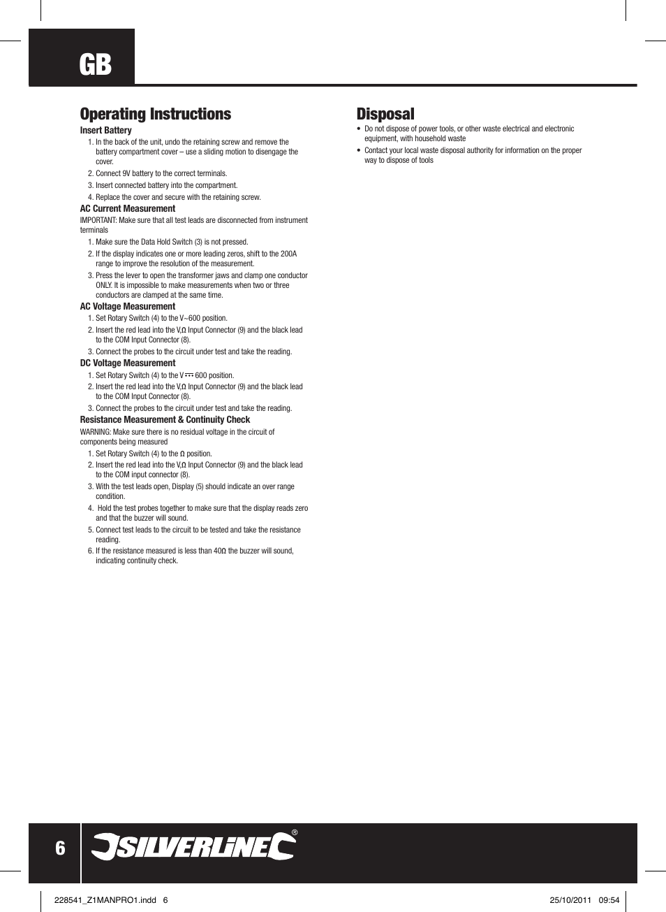 Disposal, Operating instructions | Silverline Digital Clamp Meter User Manual | Page 7 / 28