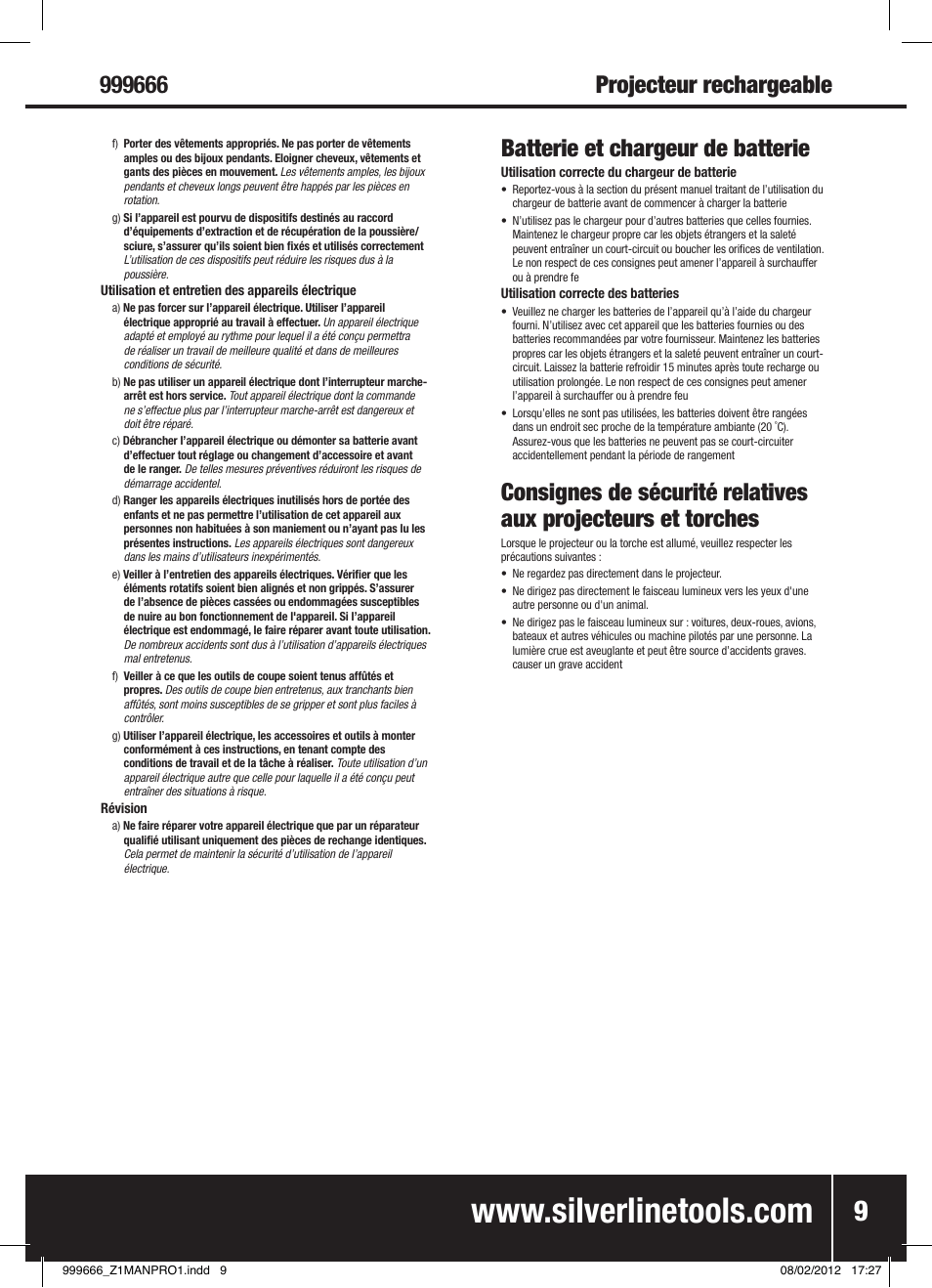 Batterie et chargeur de batterie | Silverline Rechargeable Torch 1 Million Candle Power User Manual | Page 10 / 28