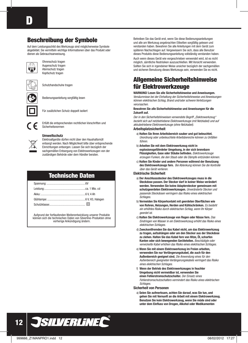 Technische daten, Beschreibung der symbole | Silverline Rechargeable Torch 1 Million Candle Power User Manual | Page 13 / 28