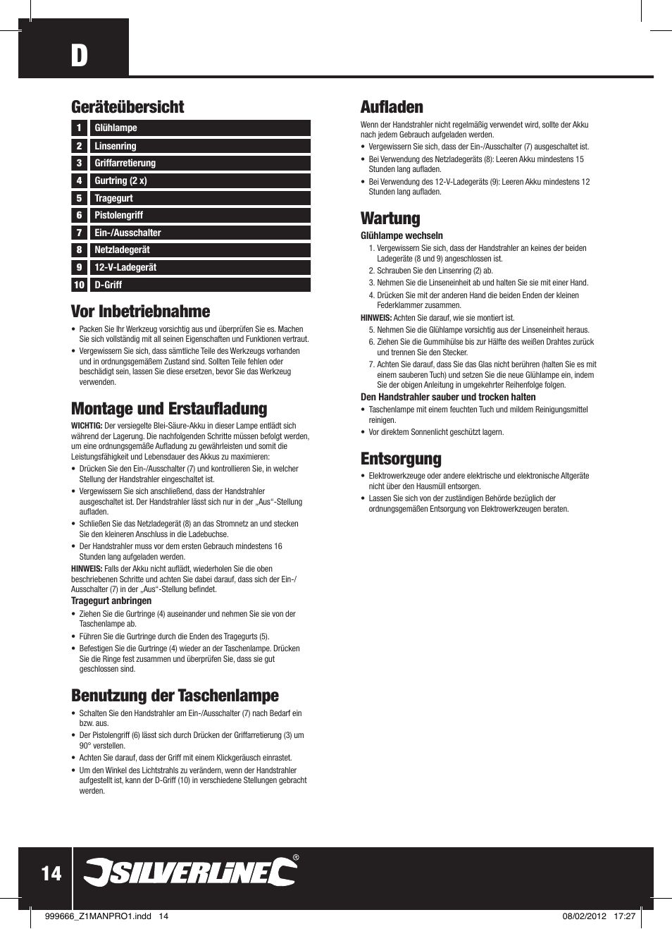 Vor inbetriebnahme, Montage und erstaufladung, Benutzung der taschenlampe | Aufladen, Wartung, Entsorgung, Geräteübersicht | Silverline Rechargeable Torch 1 Million Candle Power User Manual | Page 15 / 28