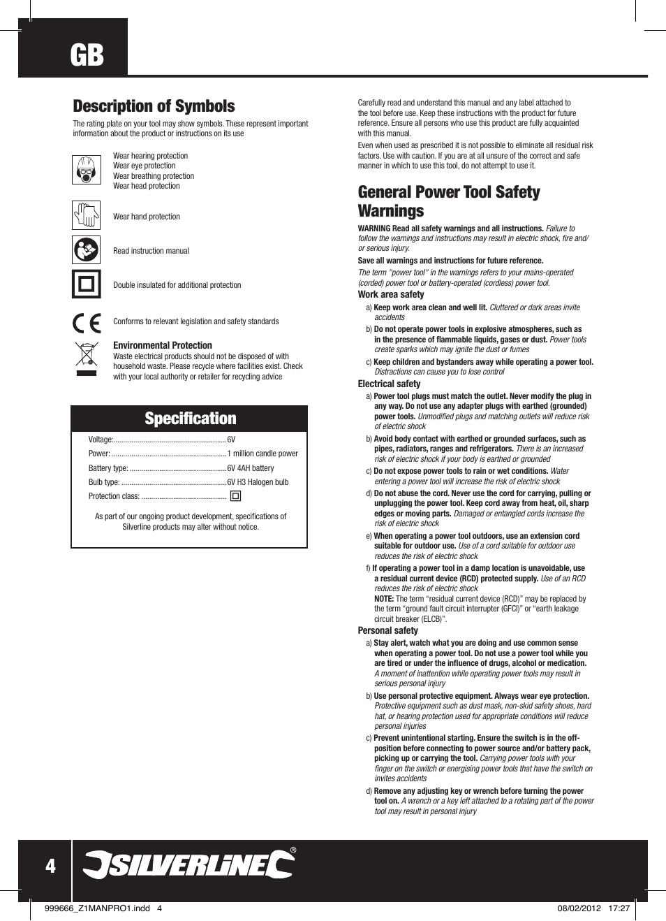 General power tool safety warnings, Specification, Description of symbols | Silverline Rechargeable Torch 1 Million Candle Power User Manual | Page 5 / 28