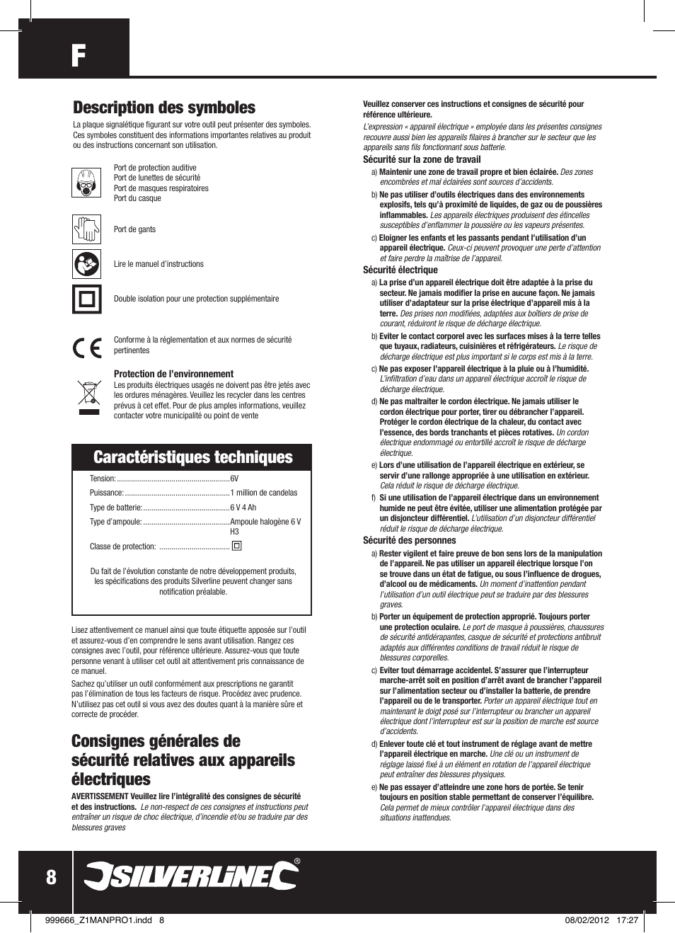 Caractéristiques techniques, Description des symboles | Silverline Rechargeable Torch 1 Million Candle Power User Manual | Page 9 / 28