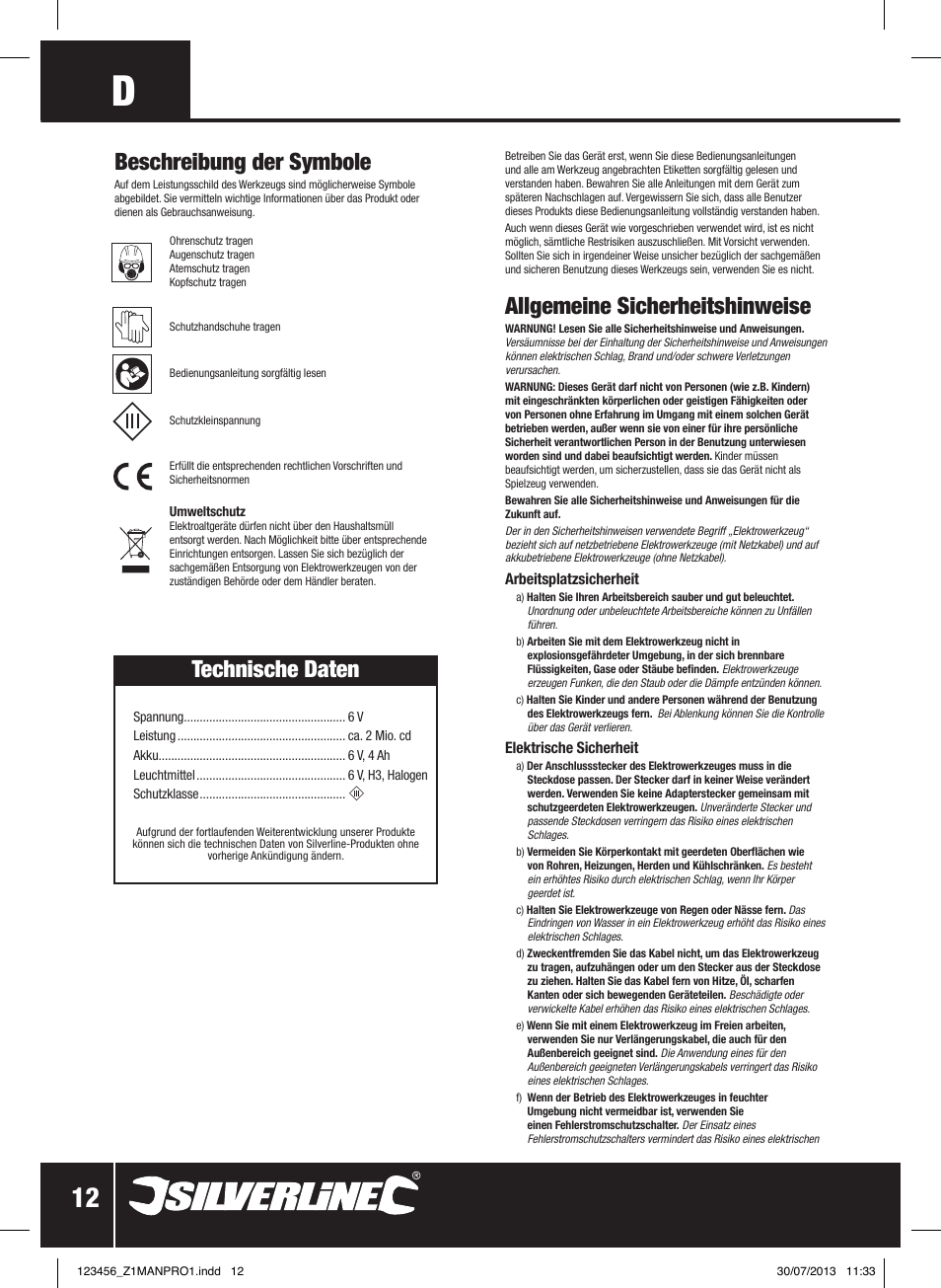 Allgemeine sicherheitshinweise, Beschreibung der symbole, Technische daten | Silverline Rechargeable Torch 2 Million Candle Power User Manual | Page 13 / 28