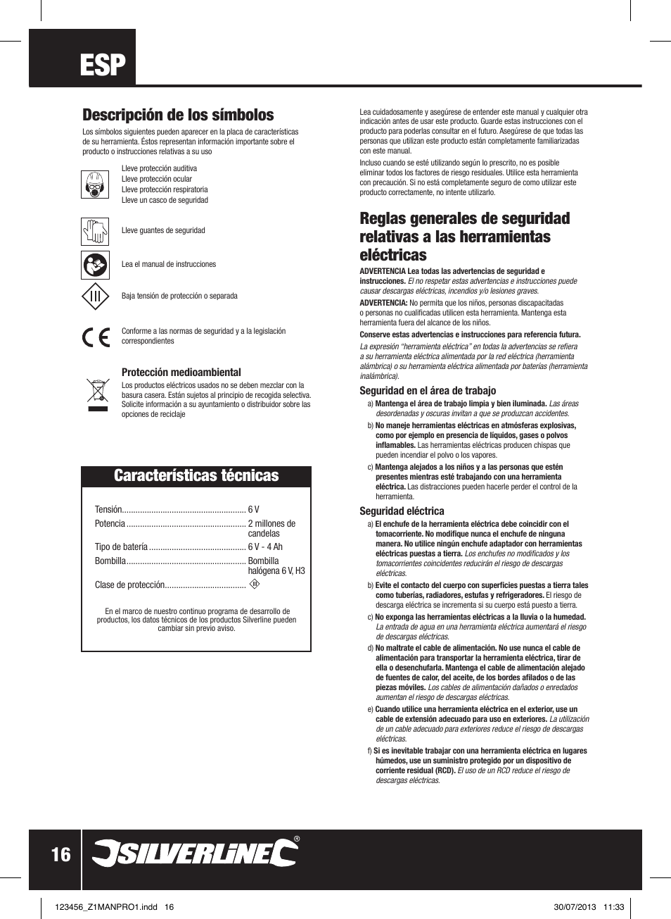 Descripción de los símbolos, Características técnicas | Silverline Rechargeable Torch 2 Million Candle Power User Manual | Page 17 / 28