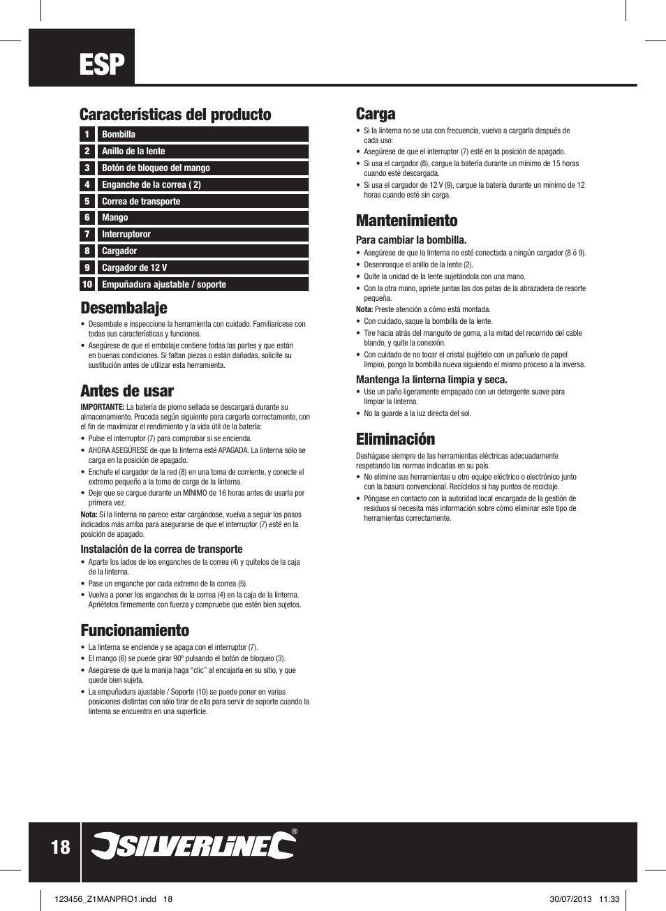 Desembalaje, Antes de usar, Funcionamiento | Carga, Mantenimiento, Eliminación, Características del producto | Silverline Rechargeable Torch 2 Million Candle Power User Manual | Page 19 / 28