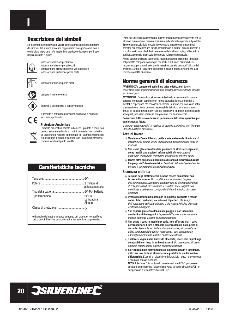 Norme generali di sicurezza, Descrizione dei simboli, Caratteristiche tecniche | Silverline Rechargeable Torch 2 Million Candle Power User Manual | Page 21 / 28