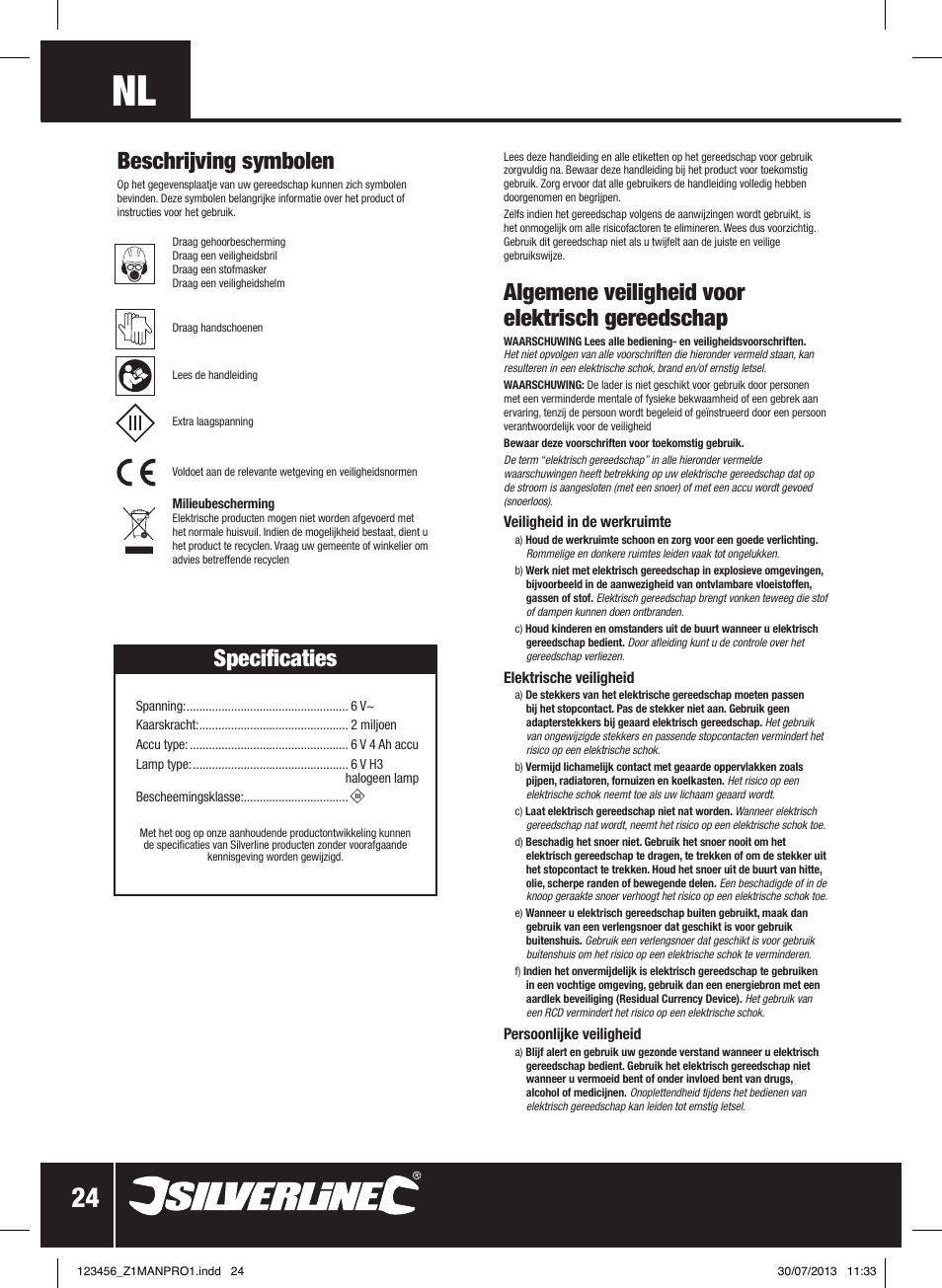 Algemene veiligheid voor elektrisch gereedschap, Beschrijving symbolen, Specificaties | Silverline Rechargeable Torch 2 Million Candle Power User Manual | Page 25 / 28