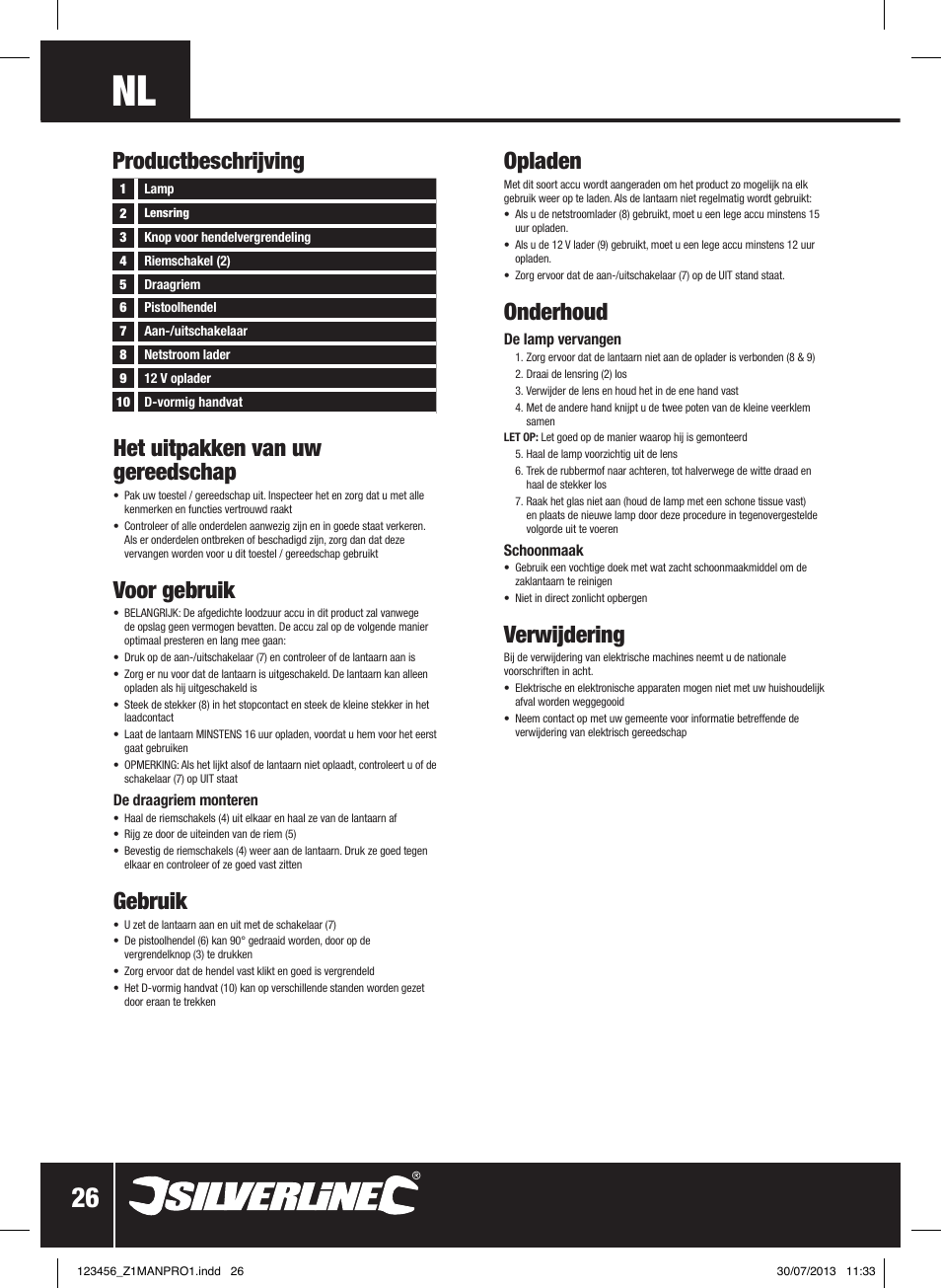 Het uitpakken van uw gereedschap, Voor gebruik, Gebruik | Opladen, Onderhoud, Verwijdering, Productbeschrijving | Silverline Rechargeable Torch 2 Million Candle Power User Manual | Page 27 / 28