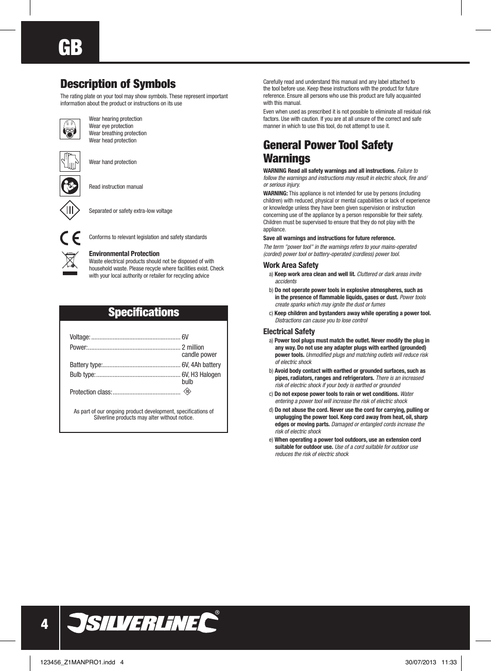 General power tool safety warnings, Description of symbols, Specifications | Silverline Rechargeable Torch 2 Million Candle Power User Manual | Page 5 / 28