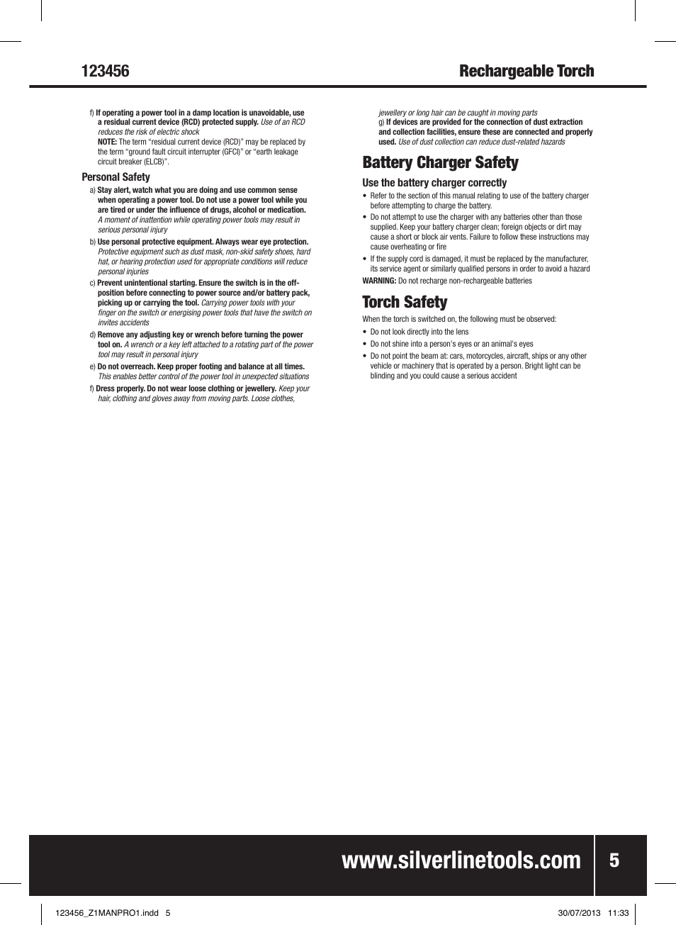 Battery charger safety, Torch safety | Silverline Rechargeable Torch 2 Million Candle Power User Manual | Page 6 / 28