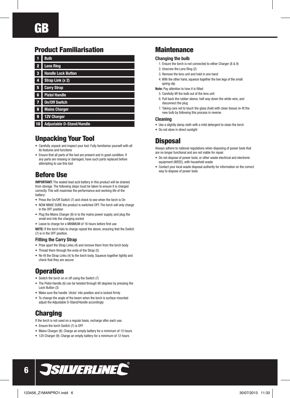 Maintenance, Disposal, Unpacking your tool | Before use, Operation, Charging, Product familiarisation | Silverline Rechargeable Torch 2 Million Candle Power User Manual | Page 7 / 28