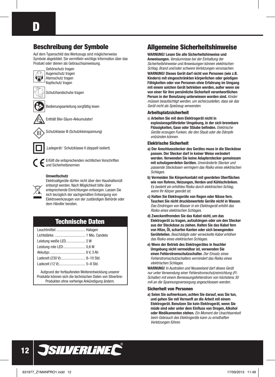 Allgemeine sicherheitshinweise, Beschreibung der symbole, Technische daten | Silverline Rechargeable Torch 3-Function 1 Million Candle Pwr User Manual | Page 13 / 28