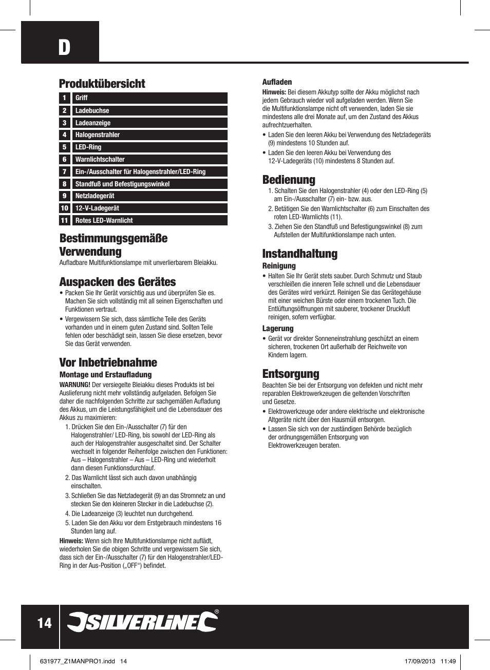 Bestimmungsgemäße verwendung, Auspacken des gerätes, Vor inbetriebnahme | Bedienung, Instandhaltung, Entsorgung, Produktübersicht | Silverline Rechargeable Torch 3-Function 1 Million Candle Pwr User Manual | Page 15 / 28
