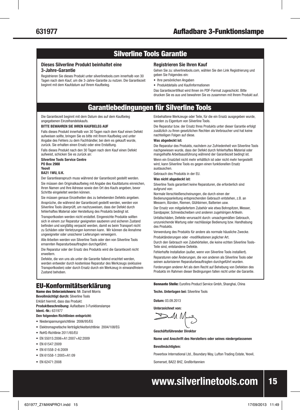 Eu-konformitätserklärung | Silverline Rechargeable Torch 3-Function 1 Million Candle Pwr User Manual | Page 16 / 28