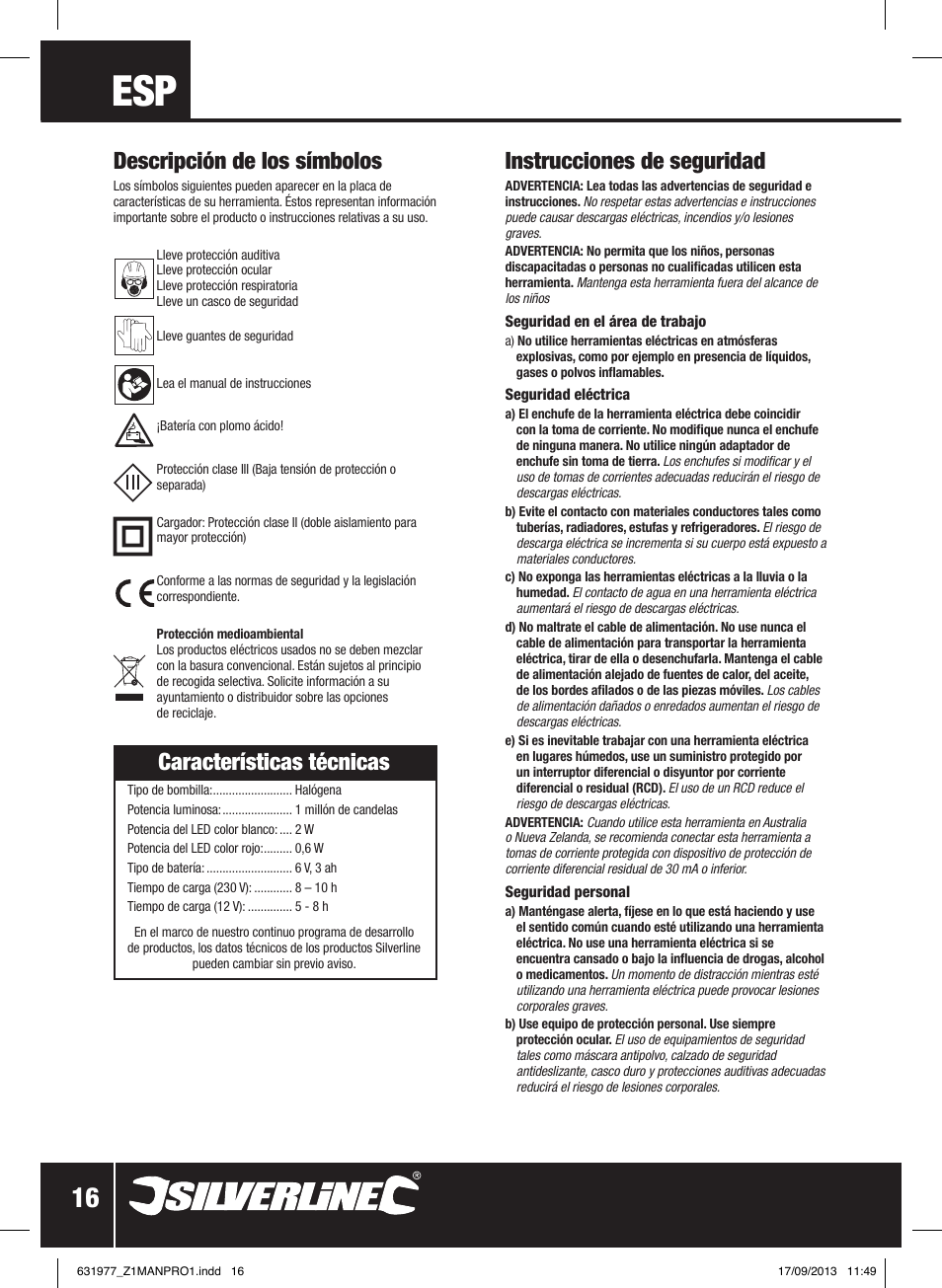 Instrucciones de seguridad, Descripción de los símbolos, Características técnicas | Silverline Rechargeable Torch 3-Function 1 Million Candle Pwr User Manual | Page 17 / 28