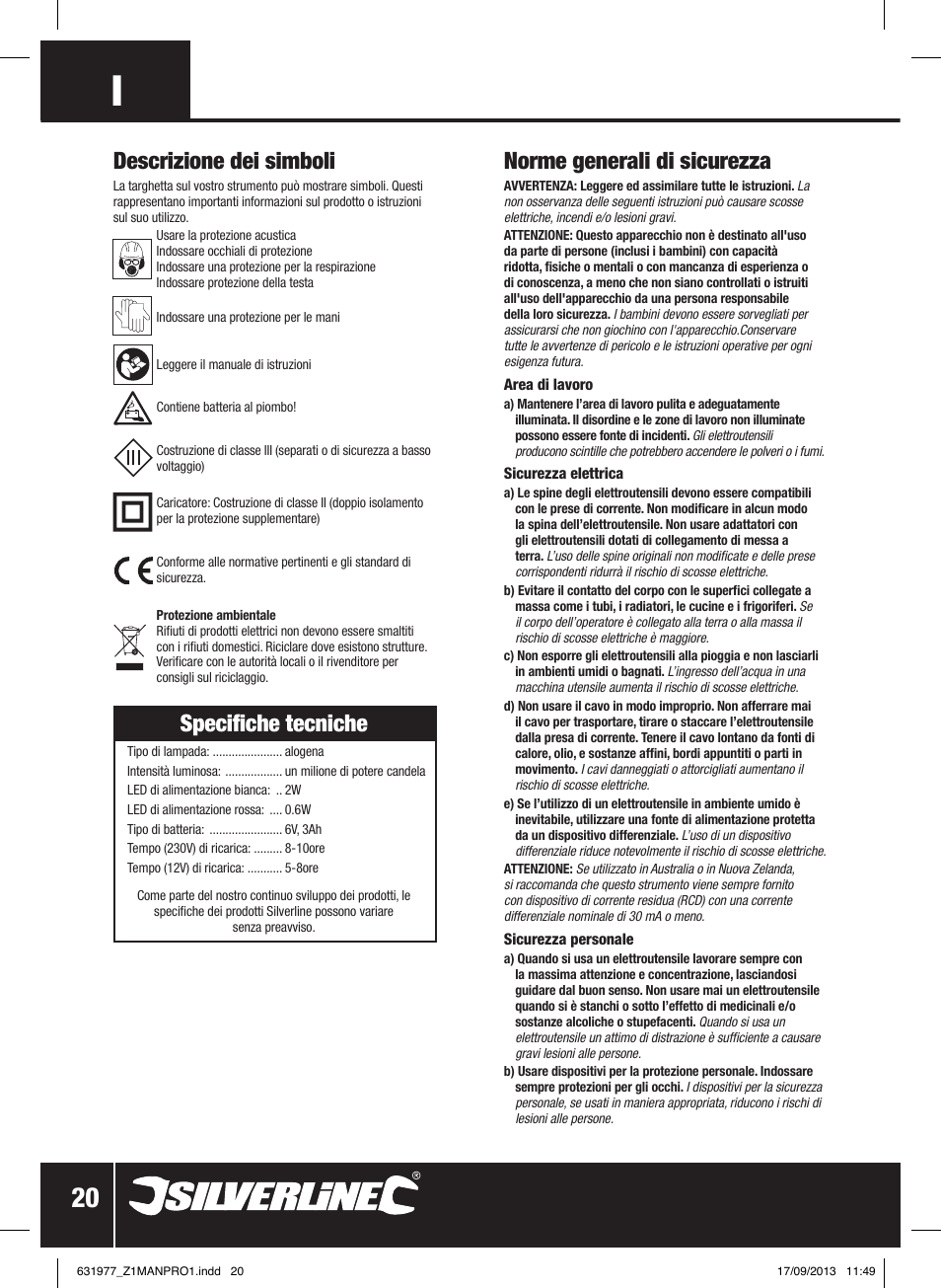 Norme generali di sicurezza, Descrizione dei simboli, Specifiche tecniche | Silverline Rechargeable Torch 3-Function 1 Million Candle Pwr User Manual | Page 21 / 28