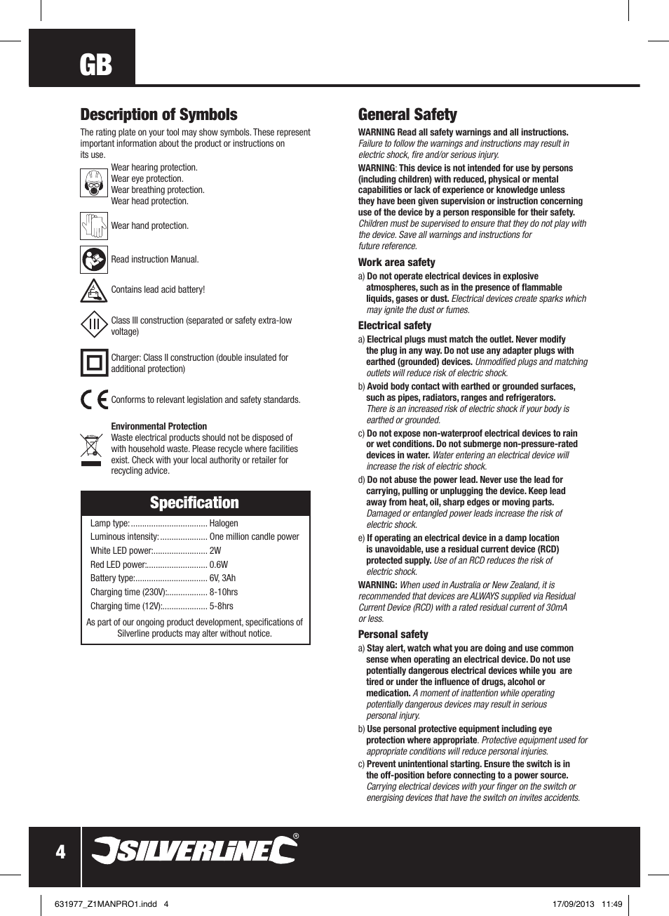 Description of symbols, General safety, Specification | Silverline Rechargeable Torch 3-Function 1 Million Candle Pwr User Manual | Page 5 / 28