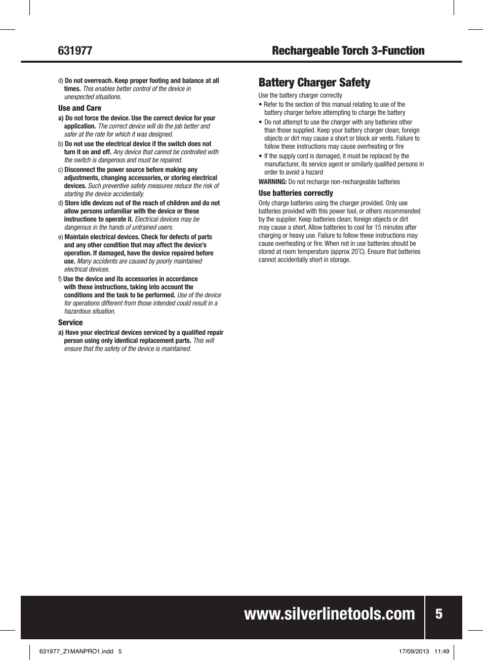Battery charger safety | Silverline Rechargeable Torch 3-Function 1 Million Candle Pwr User Manual | Page 6 / 28