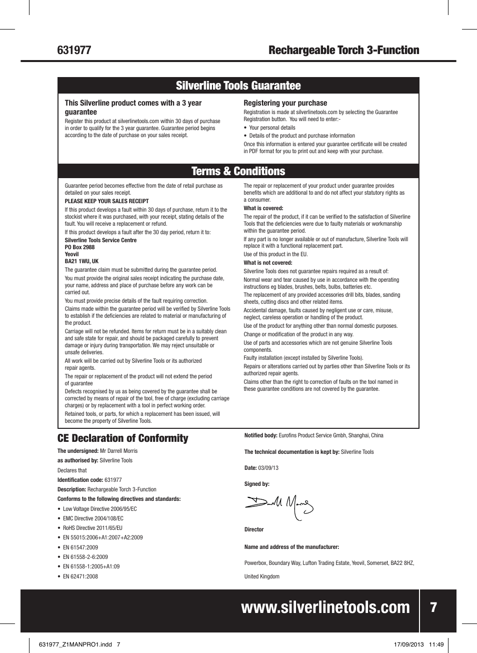 Ce declaration of conformity | Silverline Rechargeable Torch 3-Function 1 Million Candle Pwr User Manual | Page 8 / 28