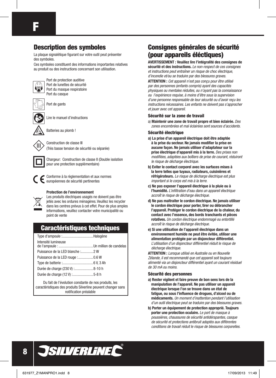 Description des symboles, Caractéristiques techniques | Silverline Rechargeable Torch 3-Function 1 Million Candle Pwr User Manual | Page 9 / 28