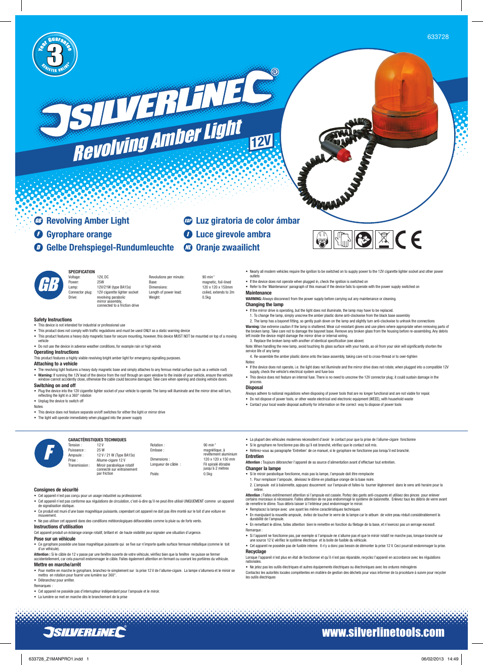 Silverline Revolving Amber Light User Manual | 2 pages