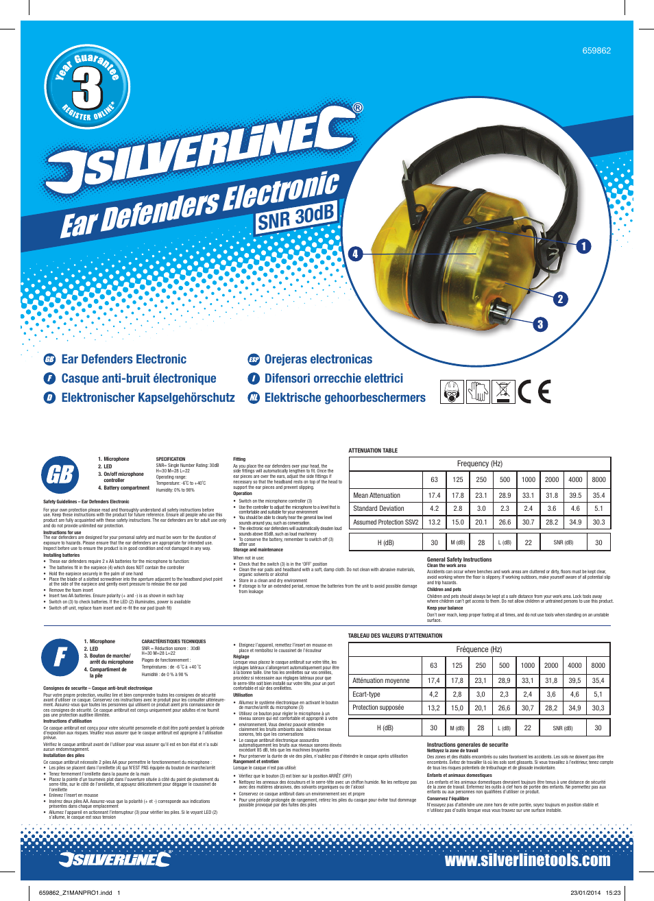 Silverline Ear Defenders Electronic SNR 30dB User Manual | 2 pages