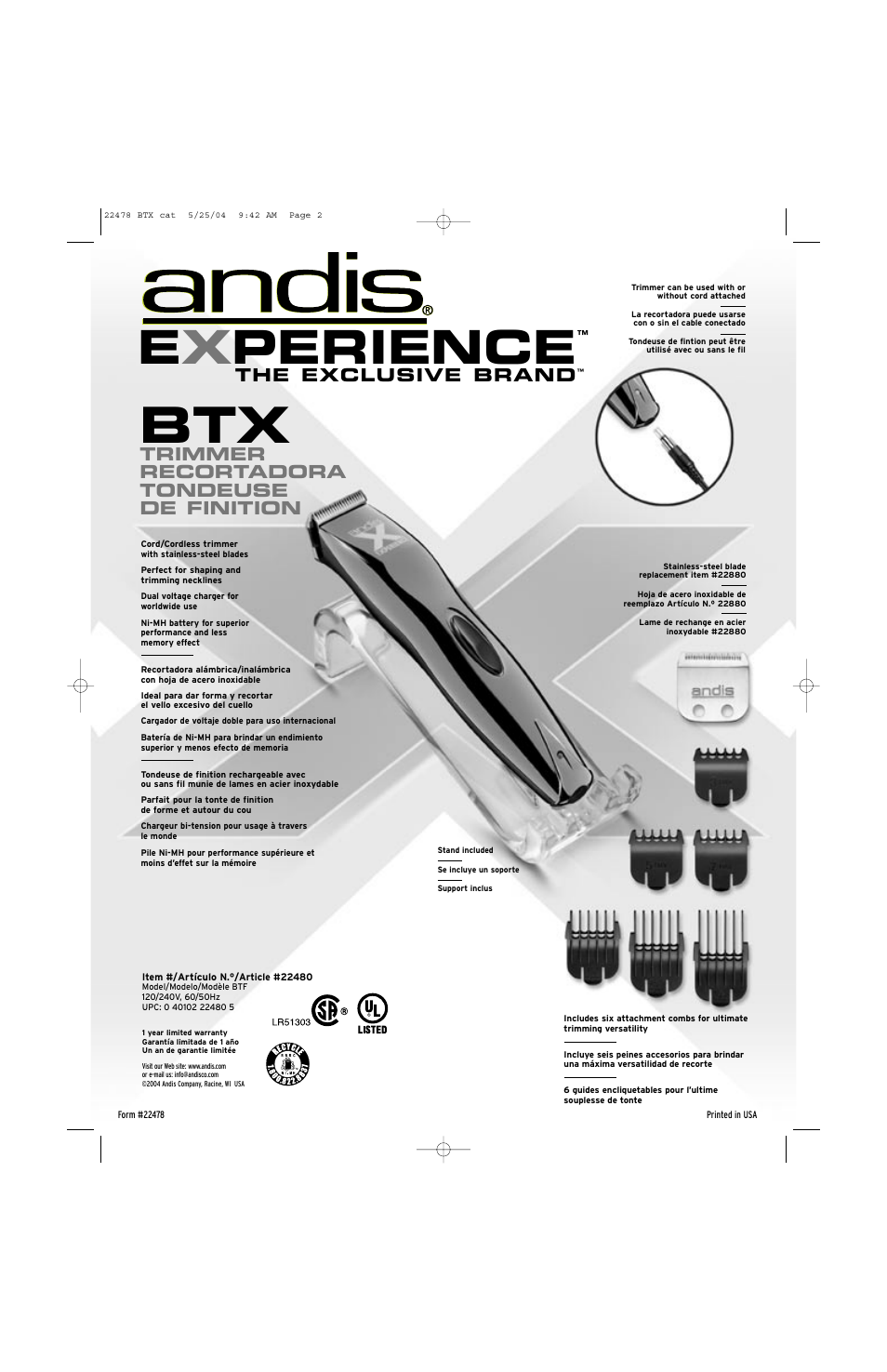 Ex perience, The exclusive brand, Trimmer recortadora tondeuse de finition | Andis Company Experience BTX User Manual | Page 2 / 2