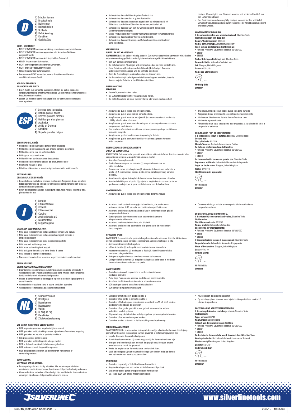 Nl i f, Nl i | Silverline Fall Arrest Harness Kit User Manual | Page 2 / 2