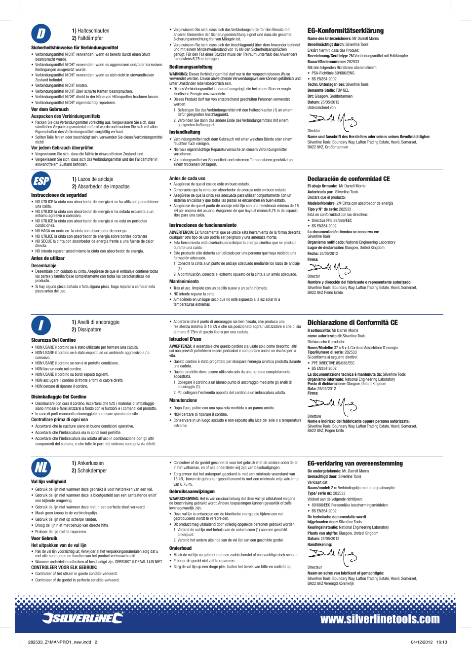 Dichiarazione di conformità ce, Eg-konformitätserklärung, Declaración de conformidad ce | Eg-verklaring van overeenstemming | Silverline Energy Absorber Lanyard User Manual | Page 2 / 2