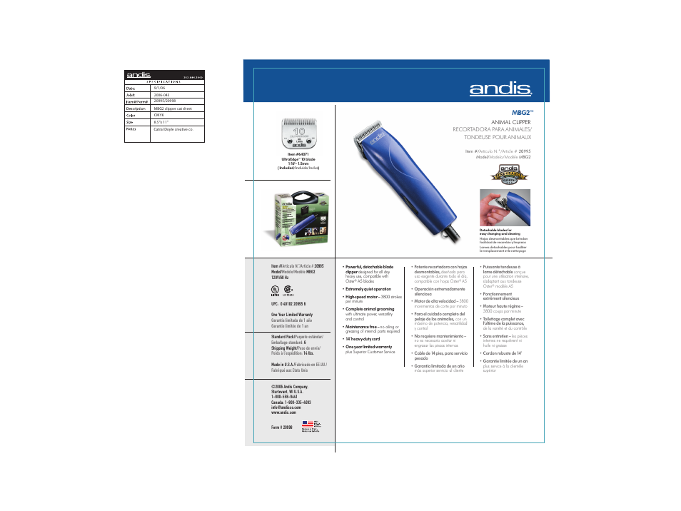 Andis Company Animal Clipper 20995 User Manual | 1 page