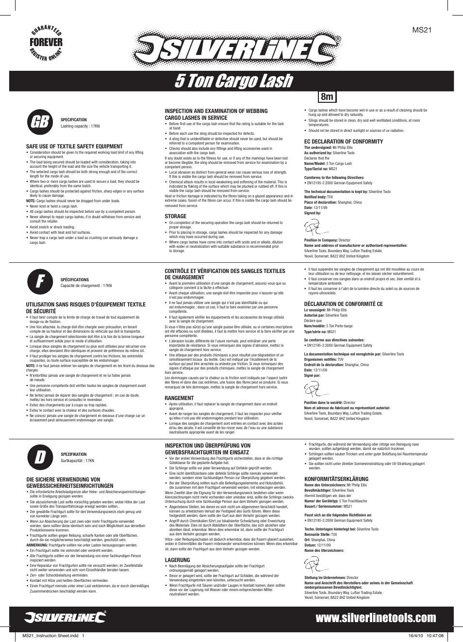 Silverline Cargo Lash 5 Tonne User Manual | 2 pages