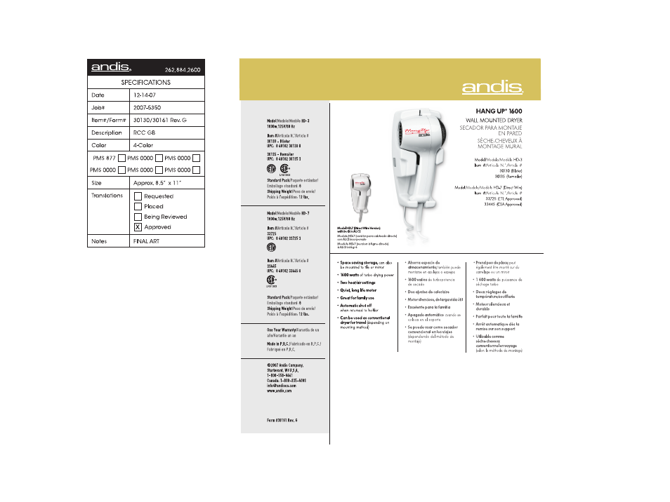 Andis Company HANG UP 1600 User Manual | 1 page