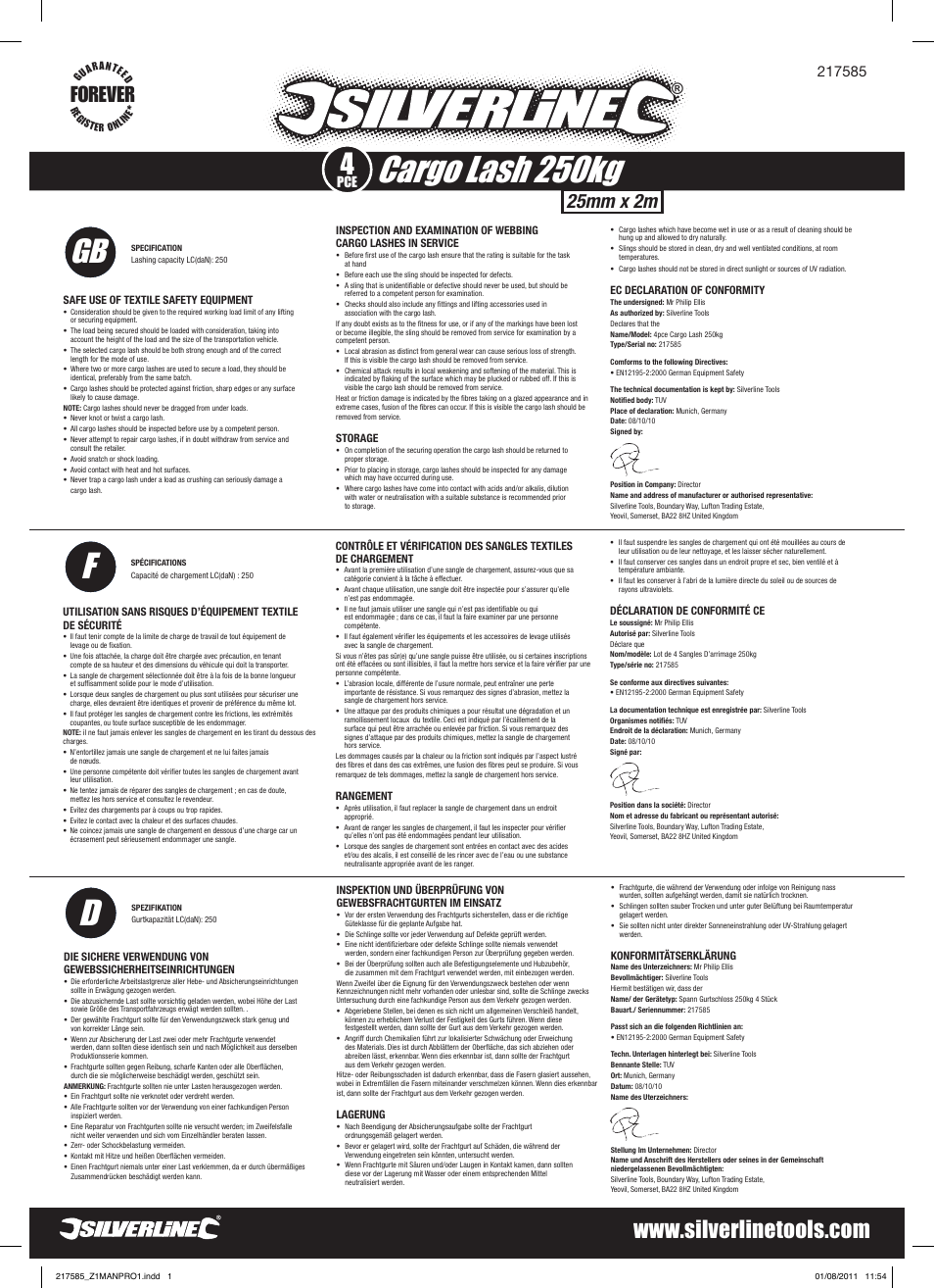 Silverline Cargo Lash 250kg Set 4pce User Manual | 2 pages