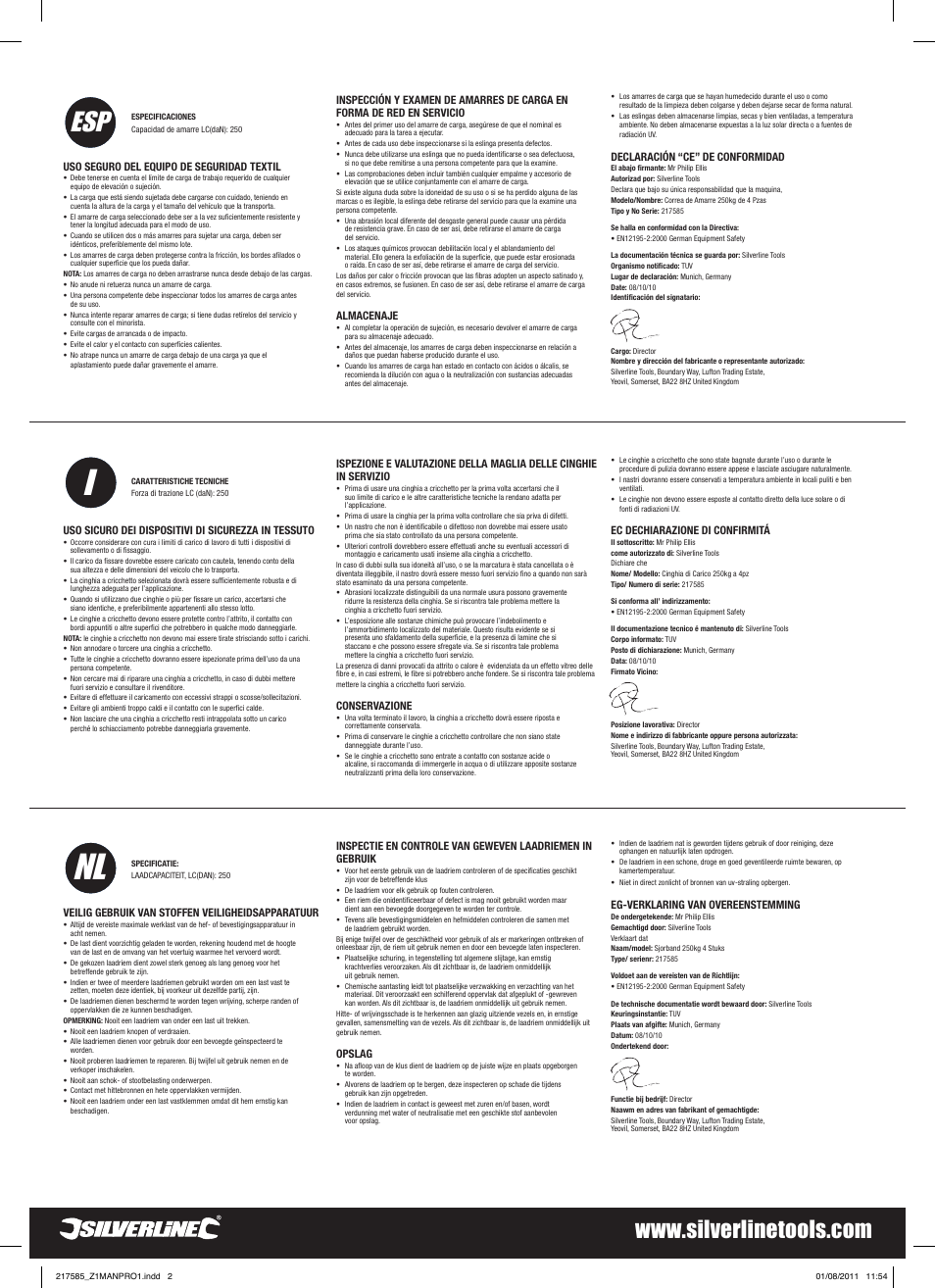 Nl i | Silverline Cargo Lash 250kg Set 4pce User Manual | Page 2 / 2