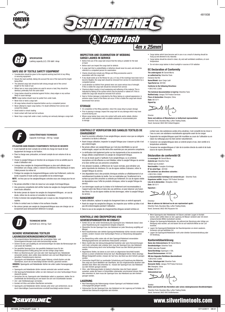 Silverline Cargo Lash Set 900kg Set 4pce User Manual | 2 pages