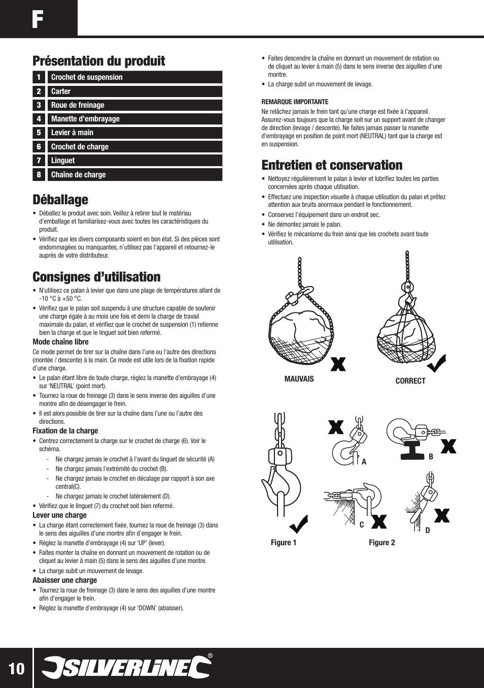 Déballage, Consignes d’utilisation, Présentation du produit | Entretien et conservation | Silverline Lever Hoist User Manual | Page 11 / 28