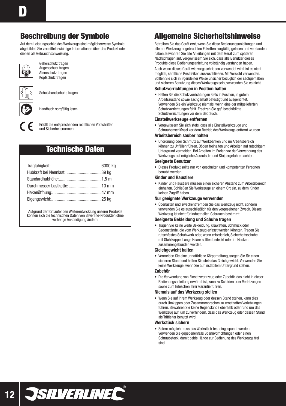 Allgemeine sicherheitshinweise, Technische daten, Beschreibung der symbole | Silverline Lever Hoist User Manual | Page 13 / 28