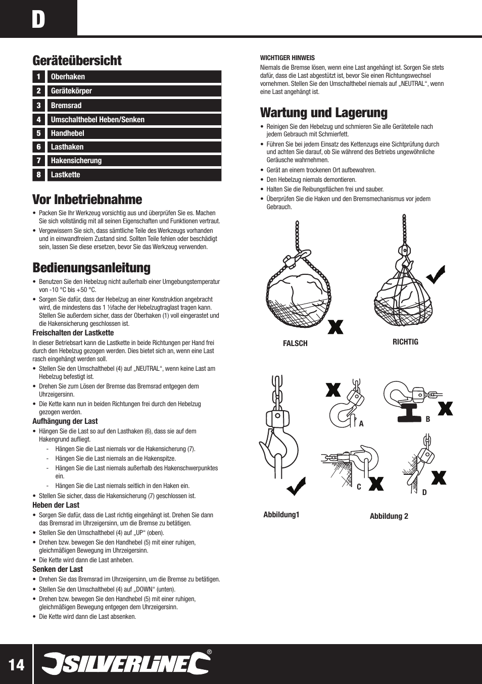 Vor inbetriebnahme, Bedienungsanleitung, Geräteübersicht | Wartung und lagerung | Silverline Lever Hoist User Manual | Page 15 / 28