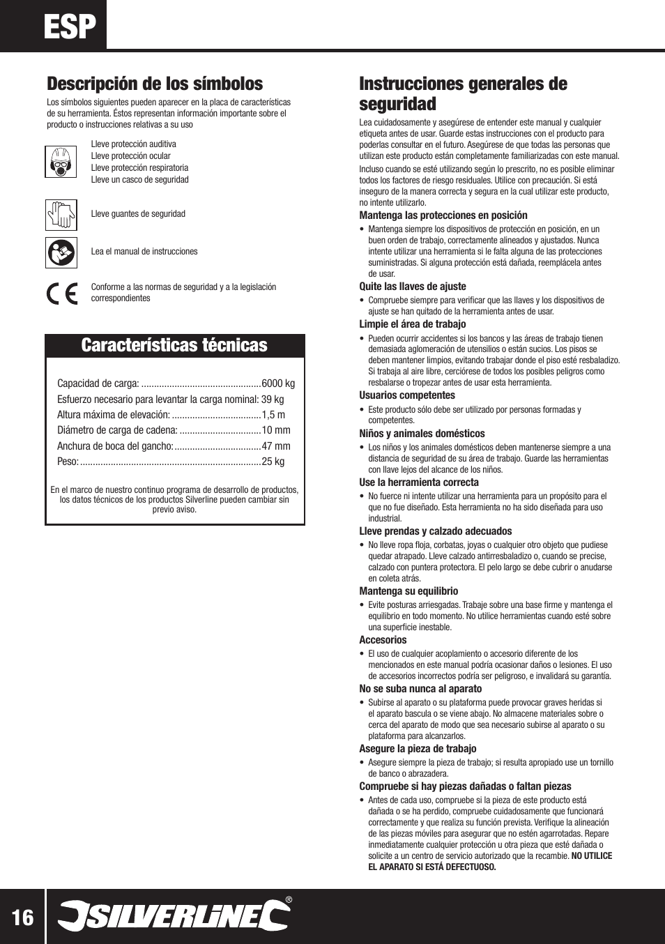 Instrucciones generales de seguridad, Descripción de los símbolos, Características técnicas | Silverline Lever Hoist User Manual | Page 17 / 28